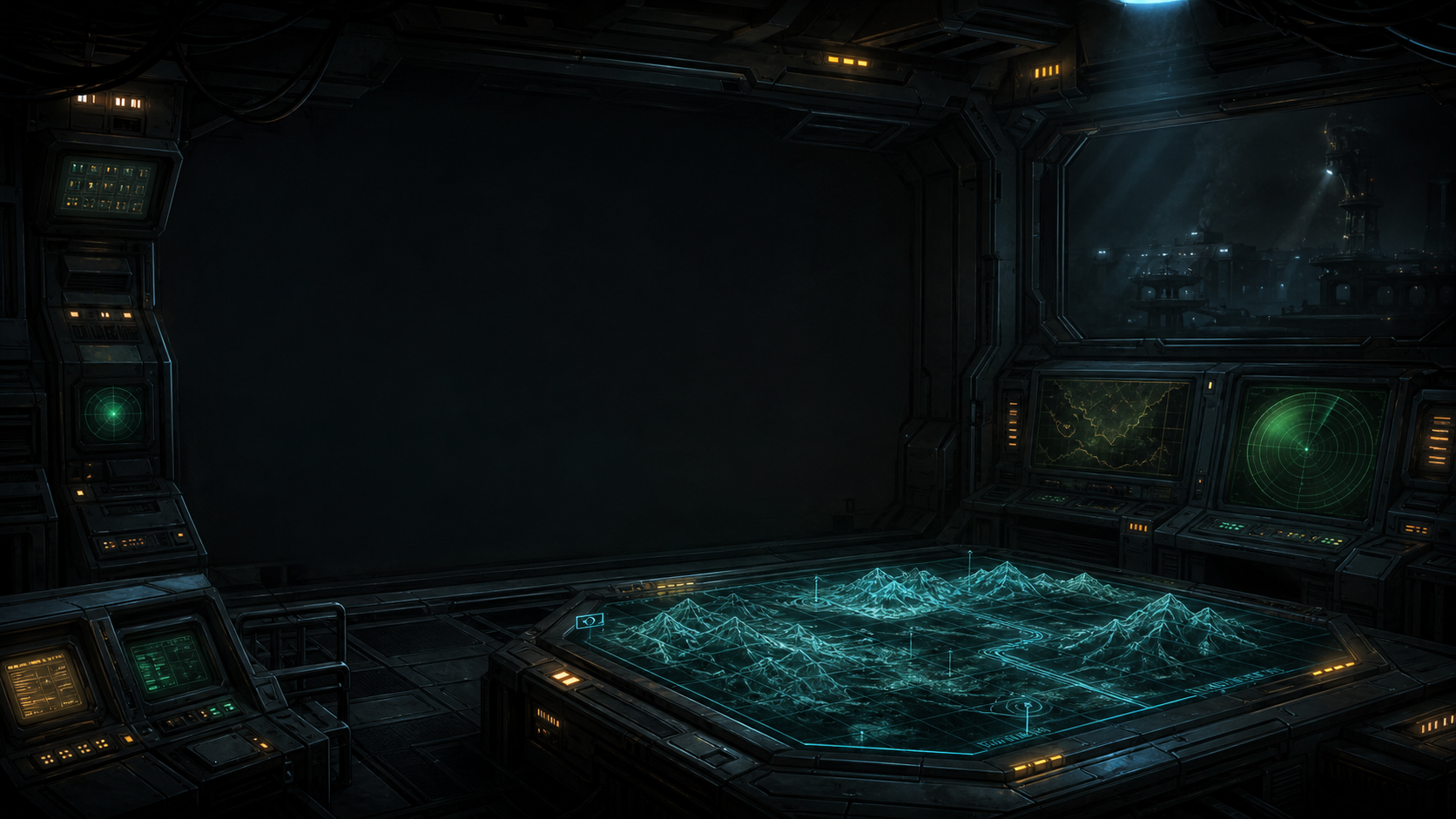 The AEX main menu war room: a holographic terrain table surrounded by radar consoles.
