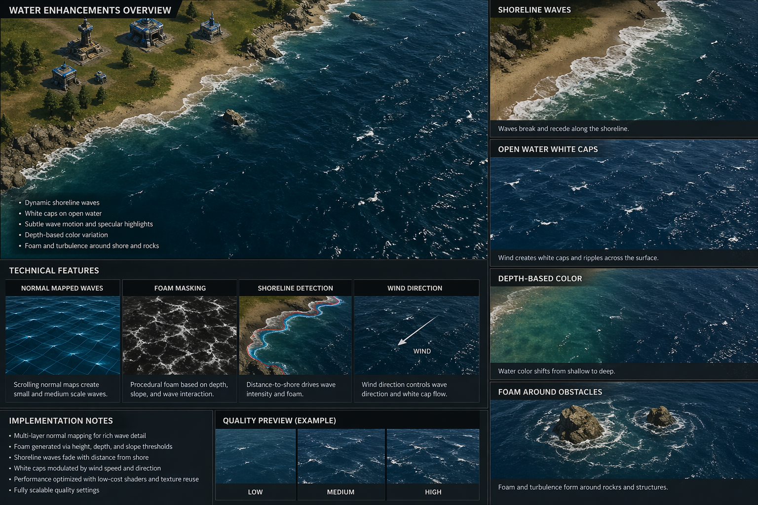 Annihilation Engine X water rendering overview with shoreline waves, white caps, and depth-based color.